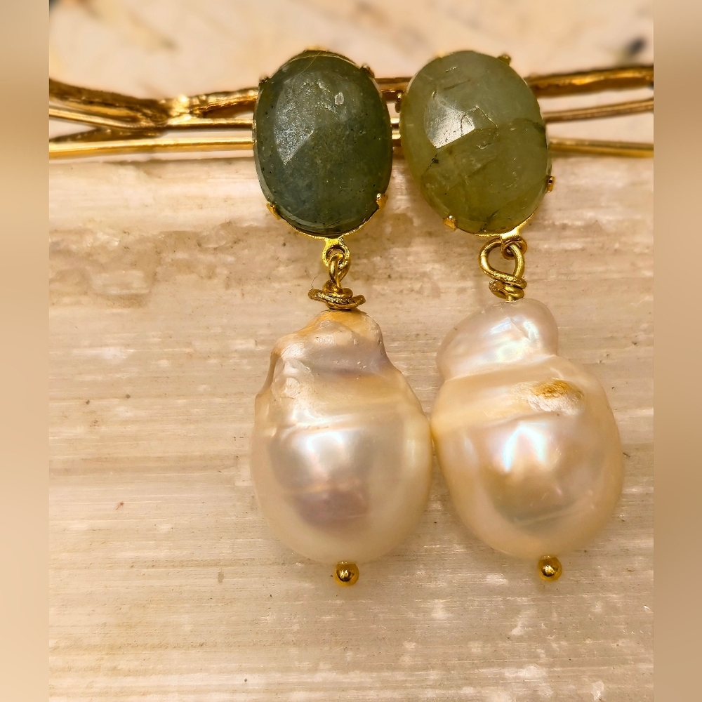 32 Carats Raw Aquamarine & Huge Baroque Pearls In Chunky Gold Plated Earrings